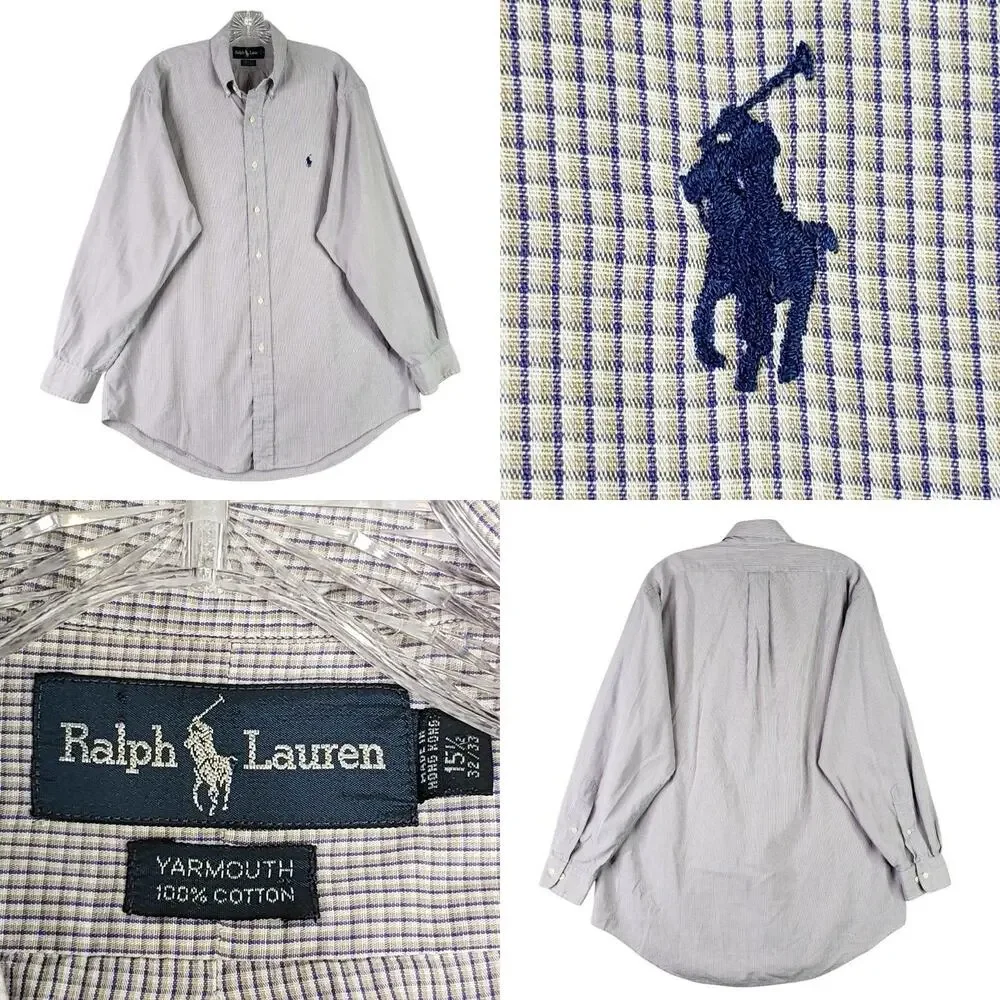 Polo Ralph Lauren Oxford Shirt Mens 15.5 Large Yarmouth Button Down Plaid LS